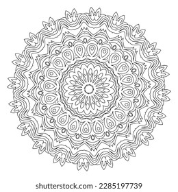 Patrón circular contorno de mandala ornamental floral en blanco y negro para páginas adultas de color