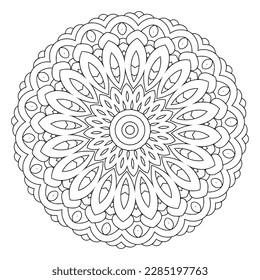 Patrón circular contorno de mandala ornamental floral en blanco y negro para páginas adultas de color