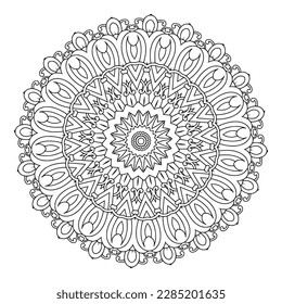 Circular pattern black and white floral ornamental mandala outline for adult coloring pages