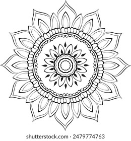 Circular pattern black and white floral ornamental mandala outline for coloring book pages
