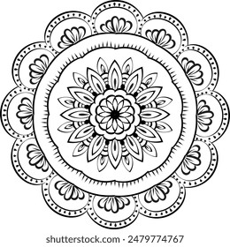 Circular pattern black and white floral ornamental mandala outline for coloring book pages