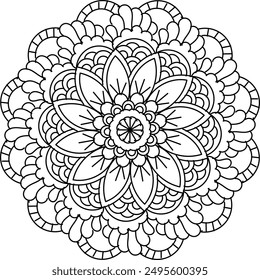 Circular pattern black and white floral ornamental mandala outline for coloring book pages