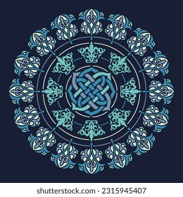 Patrón circular en tonos azules y verdes. Ornamento circular abstracto.