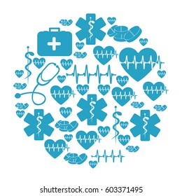 circular pattern blue silhouette health symbol and star of life set vector illustration