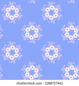 Circular pattern of cherry blossoms in misty haze on a blue background, geometric seamless pattern, vector