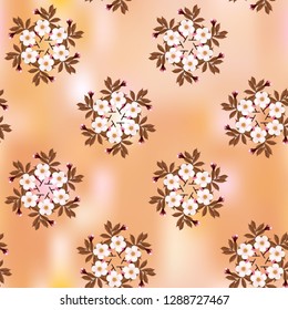 Circular pattern of cherry blossoms on 
light brown abstract background, geometric pattern, seamless texture, vector