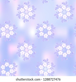 Circular pattern of cherry blossoms on a blue abstract background with a touch of pink, geometric seamless texture, vector