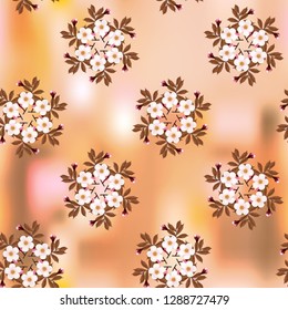 Circular pattern of cherry blossoms on 
dark brown abstract background, geometric pattern, seamless, vector