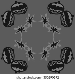 Circular pattern  of Christmas motif, doodles, hole, spots,balls, stars. Hand drawn.