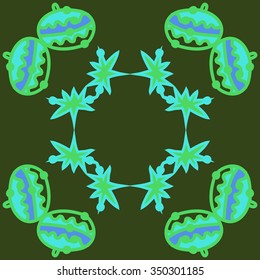 Circular pattern  of Christmas motif, doodles, hole, spots,balls, stars. Hand drawn.
