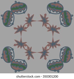 Circular pattern  of Christmas motif, doodles, hole, spots,balls, stars. Hand drawn.