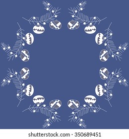 Circular pattern  of Christmas motif, doodles, hole, spots,balls, stars, branches. Hand drawn.