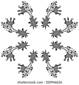 Circular pattern  of Christmas motif, doodles, hole, spots, stars, branches. Hand drawn.