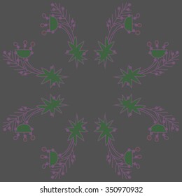 Circular pattern  of Christmas motif, doodles, hole, spots, stars, branches. Hand drawn.