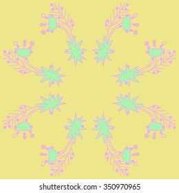 Circular pattern  of Christmas motif, doodles, hole, spots, stars, branches. Hand drawn.