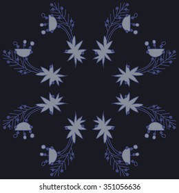 Circular pattern  of Christmas motif, doodles, hole, spots, stars, branches. Hand drawn.