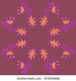 Circular pattern  of Christmas motif, doodles, hole, spots, stars, branches. Hand drawn.