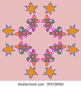 Circular pattern of Christmas  objects, cone, quadrangles, stars, hole, spots, copy space . Hand drawn.