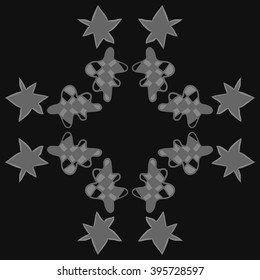 Circular pattern of Christmas  objects, cone, quadrangles, stars, hole, spots, copy space . Hand drawn.