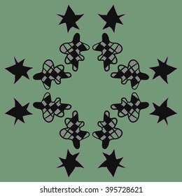 Circular pattern of Christmas  objects, cone, quadrangles, stars, hole, spots, copy space . Hand drawn.