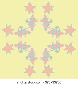 Circular pattern of Christmas  objects, cone, quadrangles, stars, hole, spots, copy space . Hand drawn.