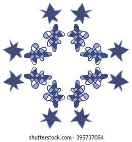 Circular pattern of Christmas  objects, cone, quadrangles, stars, hole, spots, copy space . Hand drawn.