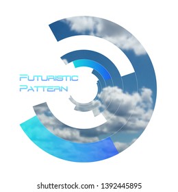 Circular pattern, circle elements forming geometric frame for photo with colorful blue color gradient banner. Futuristic design vector illustration