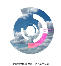 Circular pattern, circle elements forming geometric frame for photo with colorful pink color gradient banner. Futuristic design vector illustration