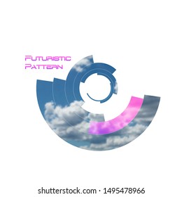 Circular pattern, circle elements forming geometric frame for photo with colorful pink color gradient banner. Futuristic design vector illustration