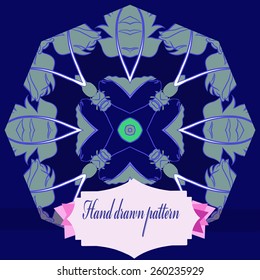 Circular pattern of colored feathers, label. Hand drawn.