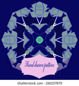 Circular pattern of colored feathers, label. Hand drawn.