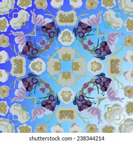 Circular   pattern of colored floral motif, flowers, crocuses on a blue gradient  background. Handmade.