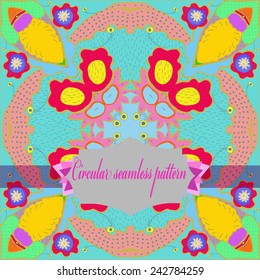 Circular   pattern of colored floral motif, leaves, label, text  on an azure    background. Hand drawn.