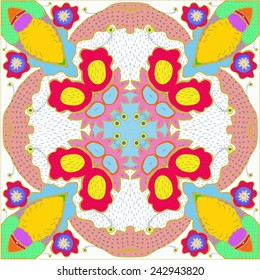 Circular   pattern of colored floral motif, leaves  on a  white   background. Hand drawn.