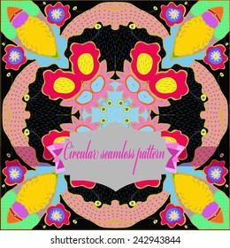Circular   pattern of colored floral motif, leaves, label, text  on a  black   background. Hand drawn.
