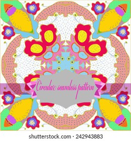 Circular   pattern of colored floral motif, leaves, label, text   on a  white   background. Hand drawn.