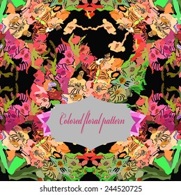 Circular pattern of colored floral motif, label on a black background. Hand drawn.