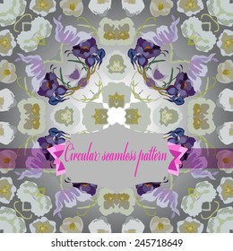 Circular   pattern of colored floral motif, flowers, crocuses, label on a gradient gray  background. Hand drawn.