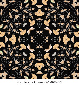 Circular   pattern of colored floral motif, mushrooms  on a black background. Hand drawn.