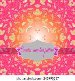 Circular   pattern of colored floral motif, mushrooms, label  on a gradient  background. Hand drawn.
