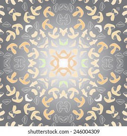 Circular pattern of colored floral motif, mushrooms  on a gradient gray  background. Hand drawn.