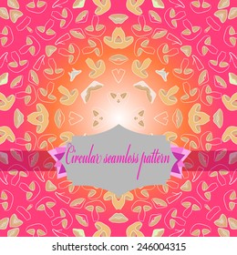 Circular   pattern of colored floral motif, mushrooms, label  on a gradient  background. Hand drawn.