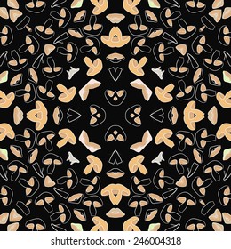 Circular   pattern of colored floral motif, mushrooms  on a black background. Hand drawn.