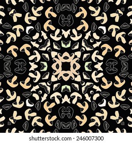 Circular pattern of colored floral motif, mushrooms  on a black  background. Hand drawn.