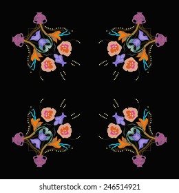 Circular  pattern of colored floral motif, flowers,tulips, crocuses, vases  on a  black background. Hand drawn.