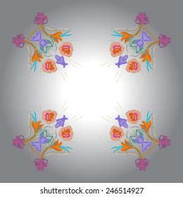 Circular  pattern of colored floral motif, flowers,tulips, crocuses, vases on a  gradient gray background. Hand drawn.