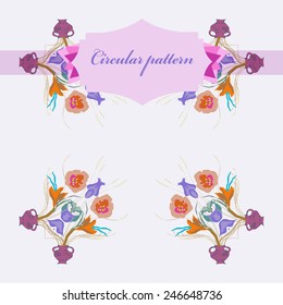 Circular  pattern of colored floral motif, flowers,tulips, crocuses, vases, label on a white  background. Hand drawn.