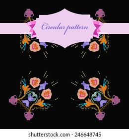 Circular  pattern of colored floral motif, flowers,tulips, crocuses, vases, label on a black  background. Hand drawn.