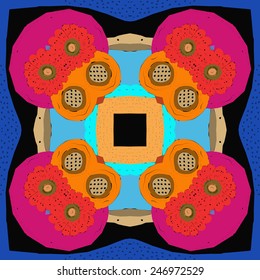 Circular  pattern of colored floral motif, flowers on a  black  background. Hand drawn.