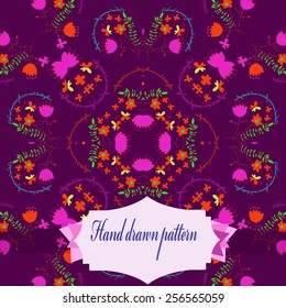 Circular pattern of colored floral motif, text, bouquets, butterflies, label on a  dark pink background. Hand drawn.